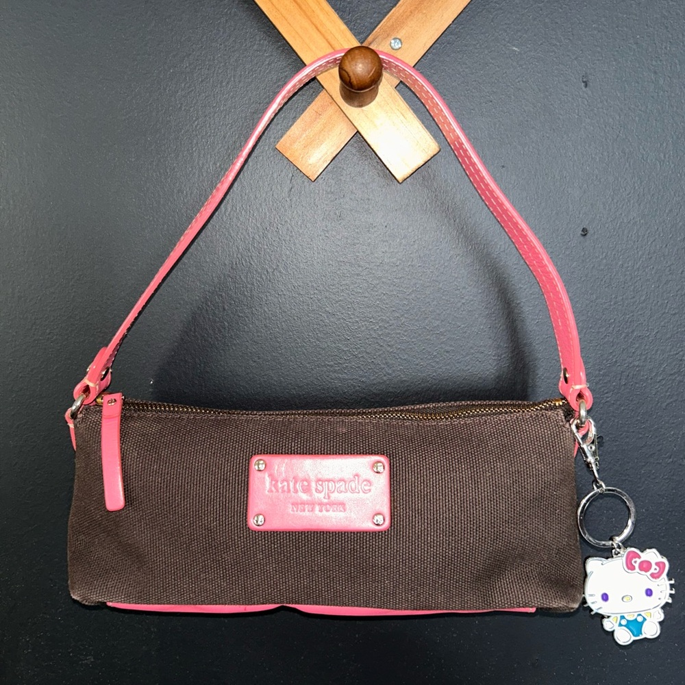 Vintage Kate Spade Mini Bag Brown Canvas with Pink Leather Trim & HelloKitty Tag